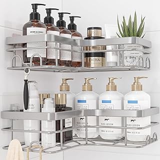Corner Shower Caddy - 2 Pack, Adhesive Shower Organizers, Rustproof Stainless Steel Shower Shelves with 8 Hooks, No Drilling Bathroom Organizers and Storage Racks, Space-Saving, Silver, X-Large