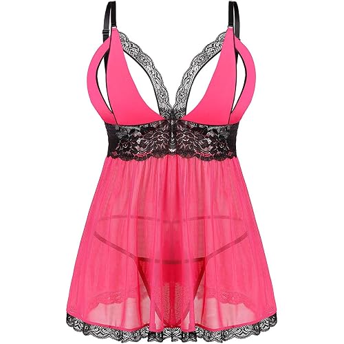 Donnalla Plus Size Babydoll Lingerie Set for Women Sexy Mesh Lace Nightwear Adjustable Straps V Neck Chemise with Panty
