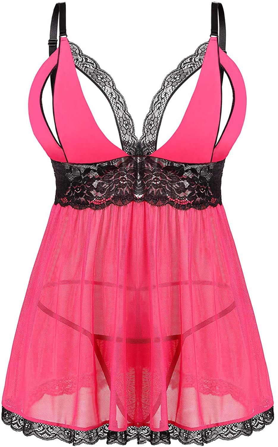 Donnalla Plus Size Babydoll Lingerie Set for Women Sexy Mesh Lace Nightwear Adjustable Straps V Neck Chemise with Panty