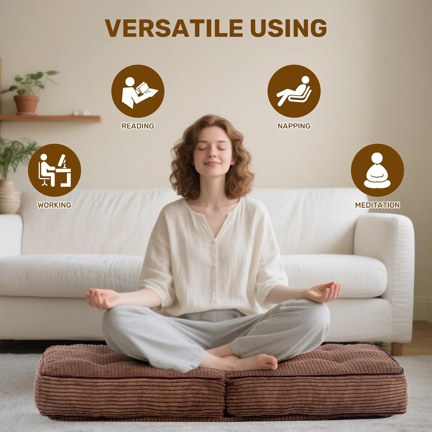 HollyHOME Adjustable Floor Chair with Back Support, Folding Recliner with Thick Sponge Cushion & Washable Cover, Portable Gaming Meditation Chair for Dorm Bedroom Reading Lounge, Coffee