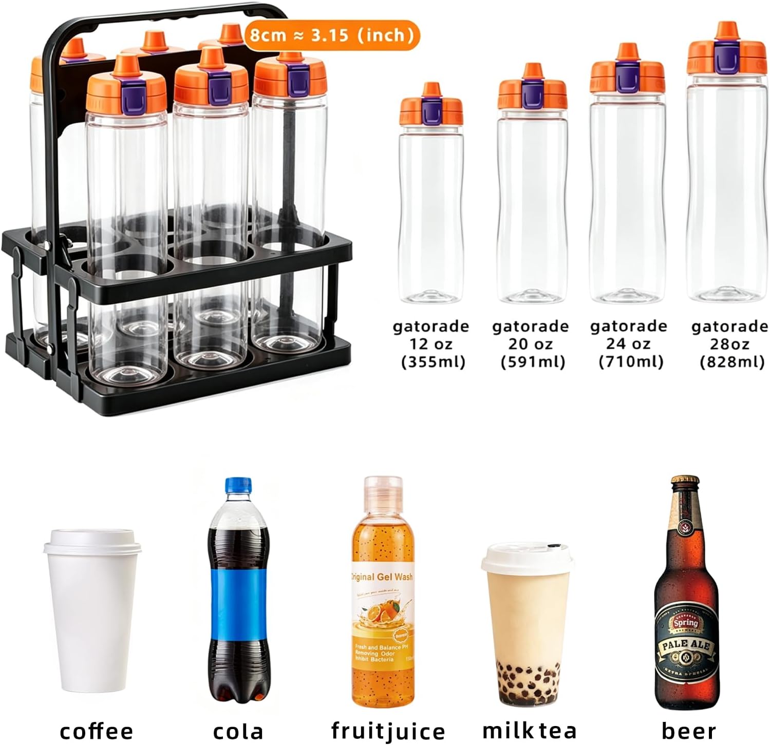 Foldable 6 Cup Drink Carrier with Handle, Compatible with 32oz Gatorade Sports Bottles, Portable Bottle Caddy for Sports Sideline, Catering, Food Delivery & Car Travel