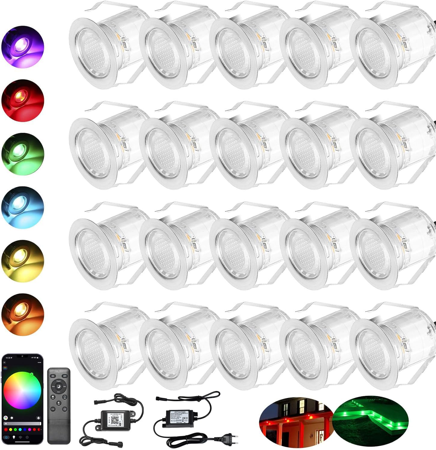 30 luci da incasso per terrazze, diametro 30 mm, 0,6 W, LED da incasso per esterni, 12 V, mini faretto a LED, con telecomando, IP67, impermeabile, compatibile con Alexa Google Home