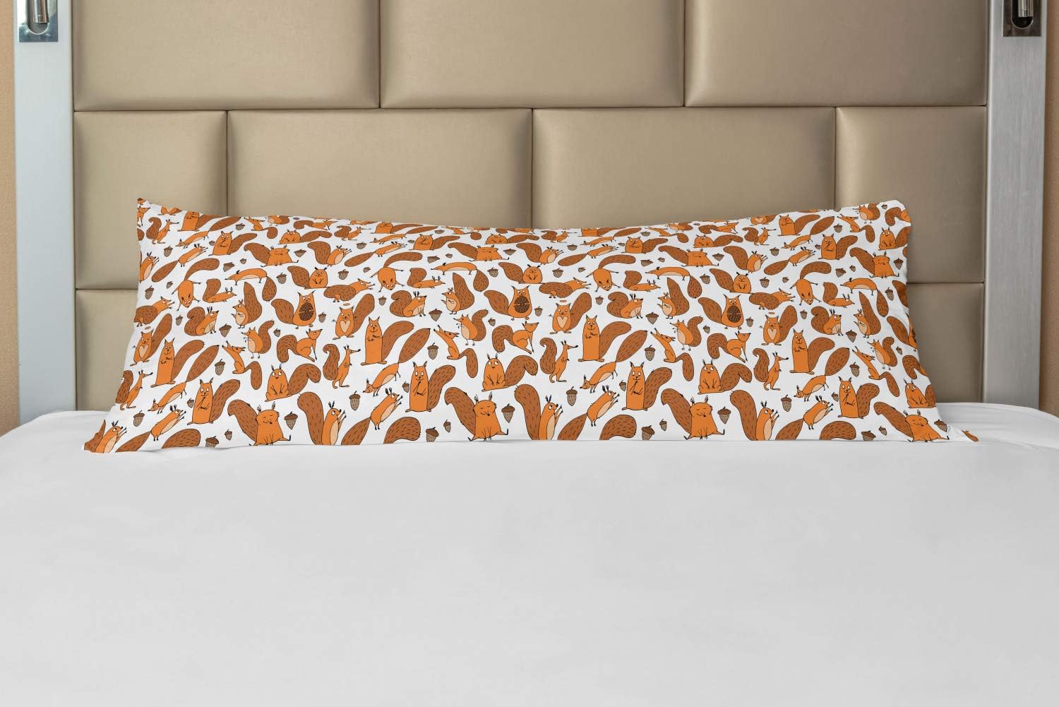 Lunarable Squirrel Body Pillow Case Cover with Zipper, Funny Squirrel Family Playing with Nuts Continuous Pattern Print, Decorative Accent Long Pillowcase, 21" x 54", Dark Orange Orange