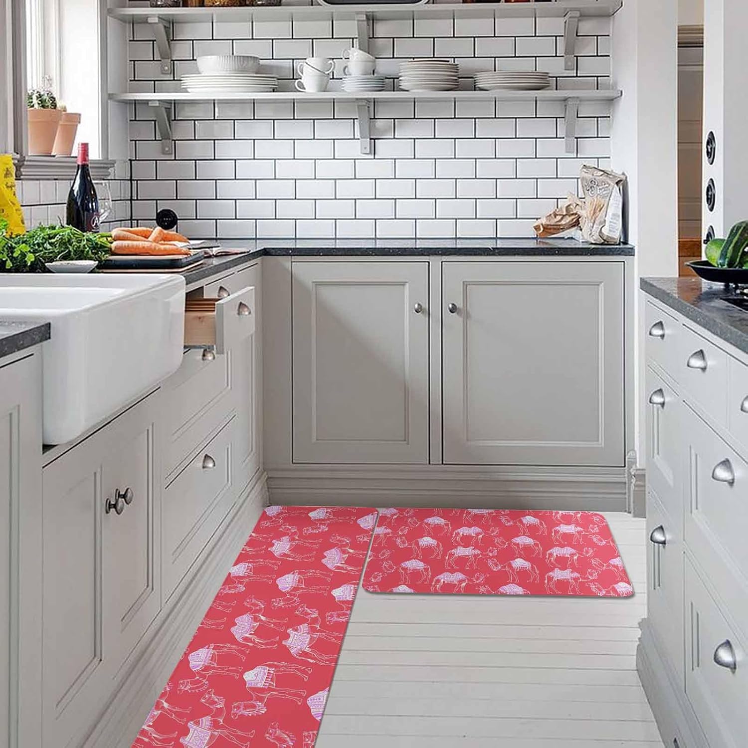 Desert Camel Kitchen Rugs and Mats Set of 2, Non-Slip Kitchen Sink Mat, Summer Sand Camel Animal Vintage Pink Washable Doormat Bathroom Rugs Runner for Bedroom/Living Room 19.7"x23.6"+19.7"x47.2"