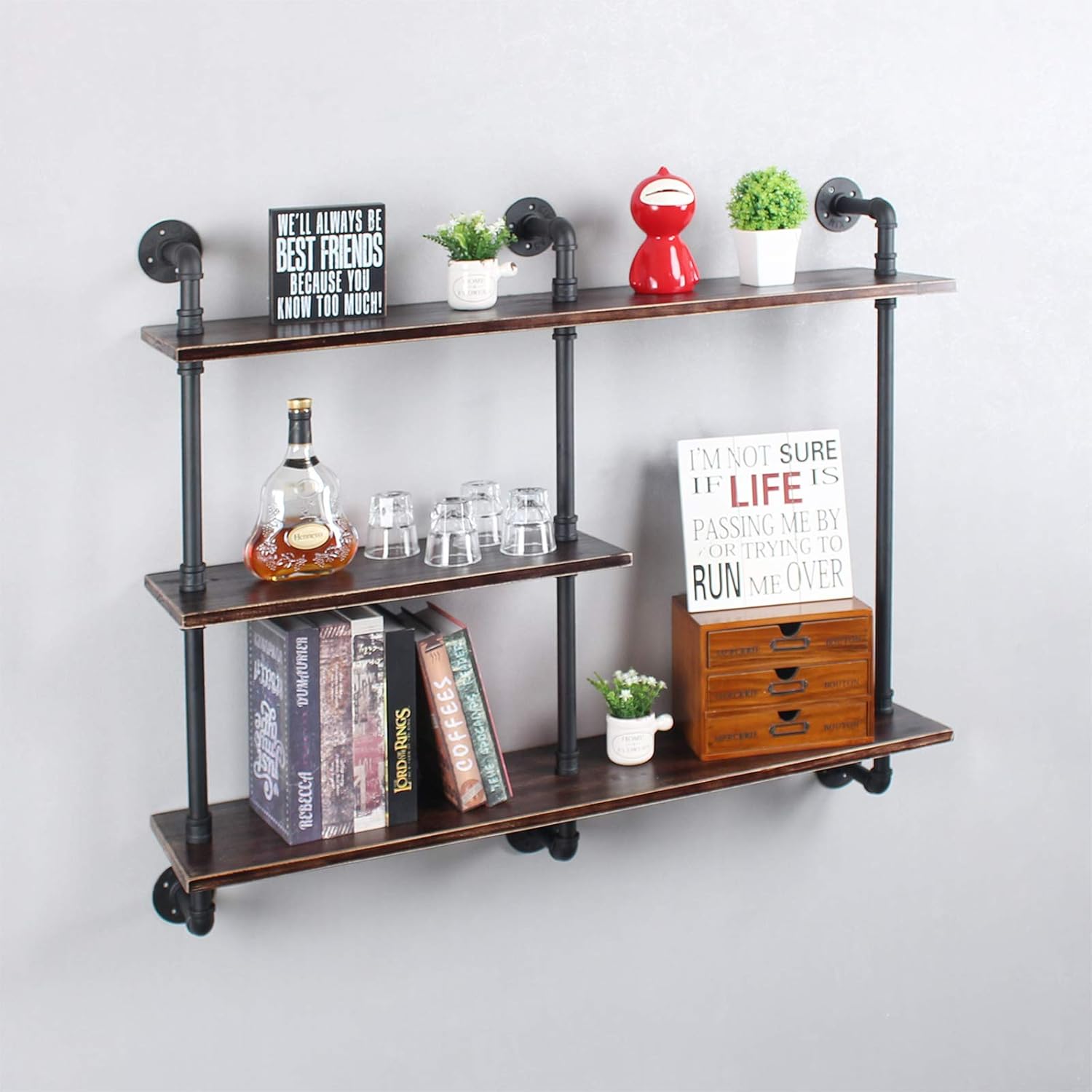 MBQQ Industrial Pipe Shelf with Wood 43.3in,Rustic Wall Mount Shelf 3-Tiers,Metal Hung Bracket Bookshelf,DIY Storage Shelving Floating Shelves,Retro Black