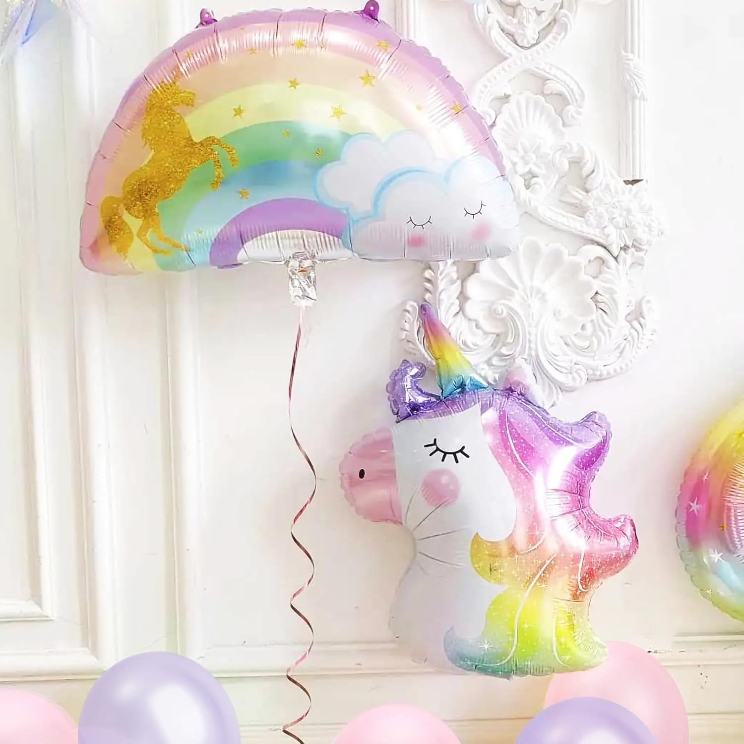 Unicorn Birthday Party Decorations, Unicorn Birthday Supplies for Girls - Rainbow Balloons Banner Backdrop Headband Cupcake Cake Toppers Wrappers Bday Tableware Set Plates Cups Napkins Straws