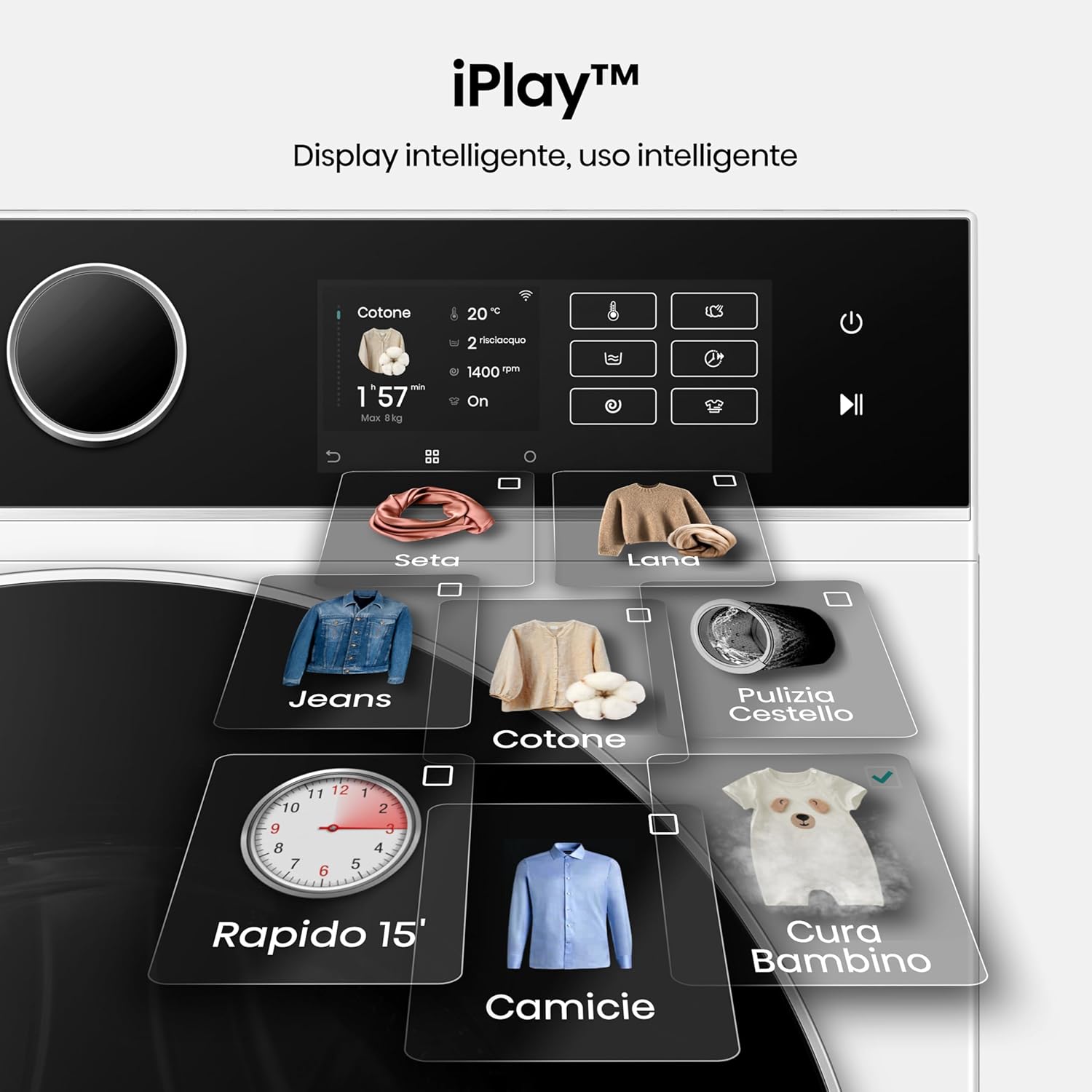 Close-up of the Hisense iPlay TFT display showing various wash programs and settings.