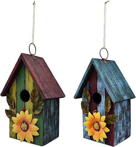 Miniatura 9 de Attraction Design Casa de pájaros decorativa rústica para exteriores, casa de pájaros de madera pintada a mano con decoración de girasol, jardín