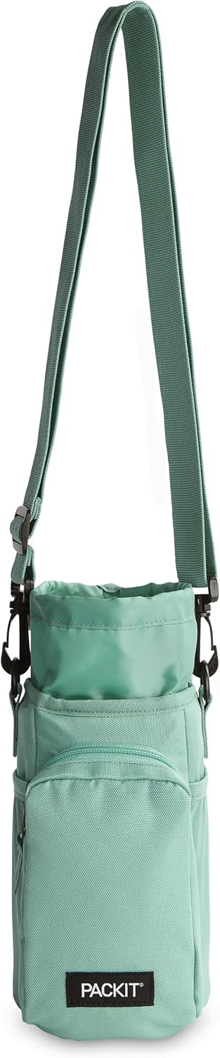 PackIt Freezable Hydration Crossbody Water Bottle Carrier with Strap, Fits 32,40 oz and 64 oz - Triple Function Design, Removable Freezable Insert, Adjustable Crossbody Strap, Front Zip Pocket - Sage