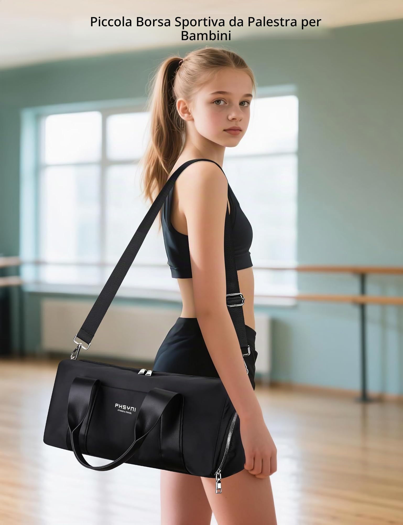 Borsone Palestra Donna & Bambini,Borsa Sportivo con Porta Scarpe e Tasca Umida da Viaggio, Sport, Fitness, Piscina(Nero,40x19x20 cm,15L)