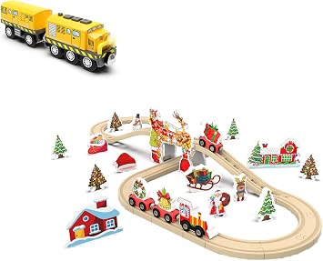 Toy Electric Train Set for Wooden Tracks, 42-Piece Wood Train Track for Railway System Compatible with Thomas & Friends, Brio