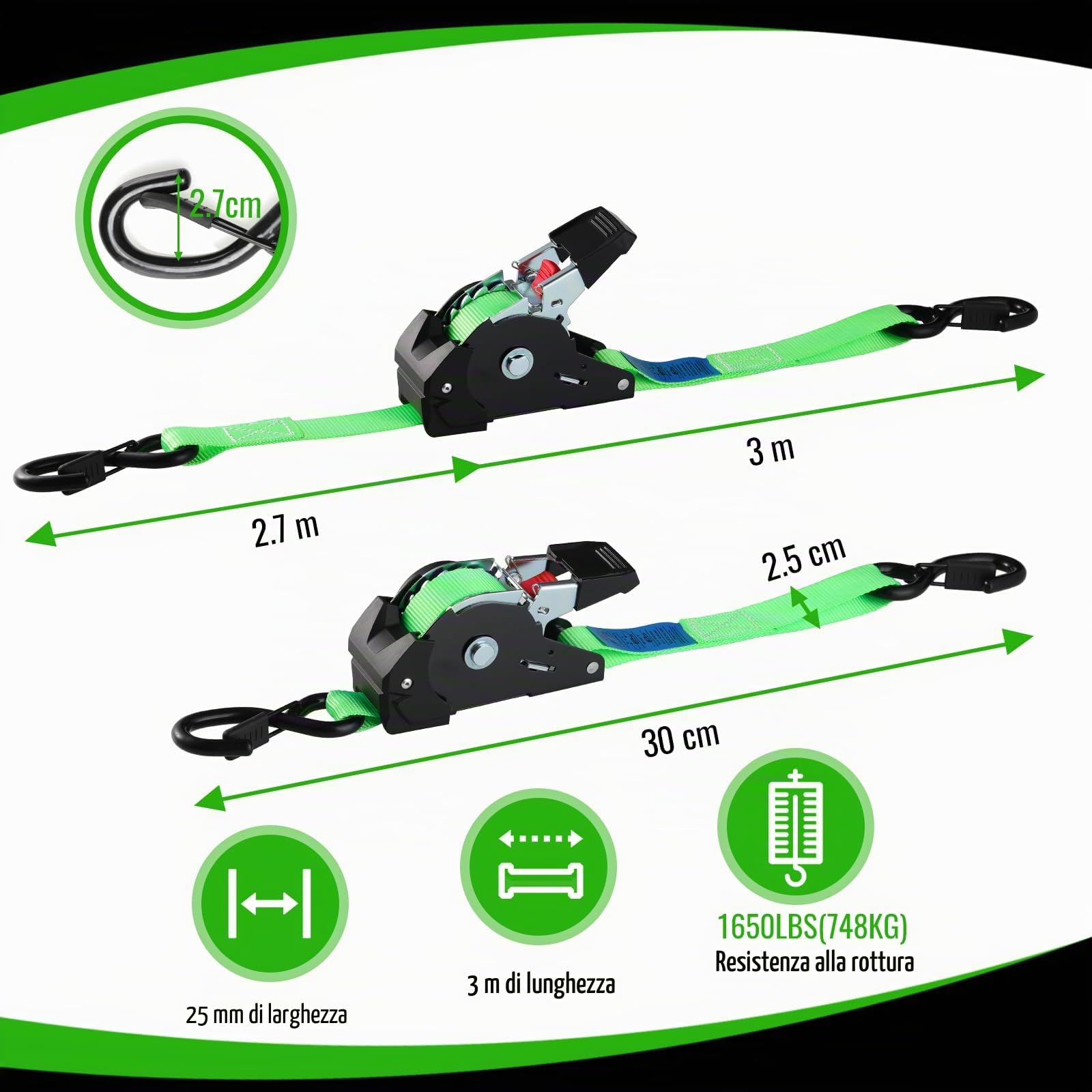 TLGREEN Cinghie di ancoraggio automatiche 4 pezzi, 3 m x 25mm, Cinghie di tensione autoavvolgenti con ganci a S, resistenza alla rottura 748kg, cinghie di fissaggio per camion, rimorchi, moto