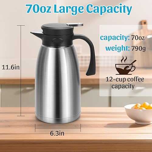 Miniatura 3 de Jarra térmica de café de 70 onzas, jarra de acero inoxidable para bebidas fríascalientes, aspiradora de doble pared, olla de té grande para oficina