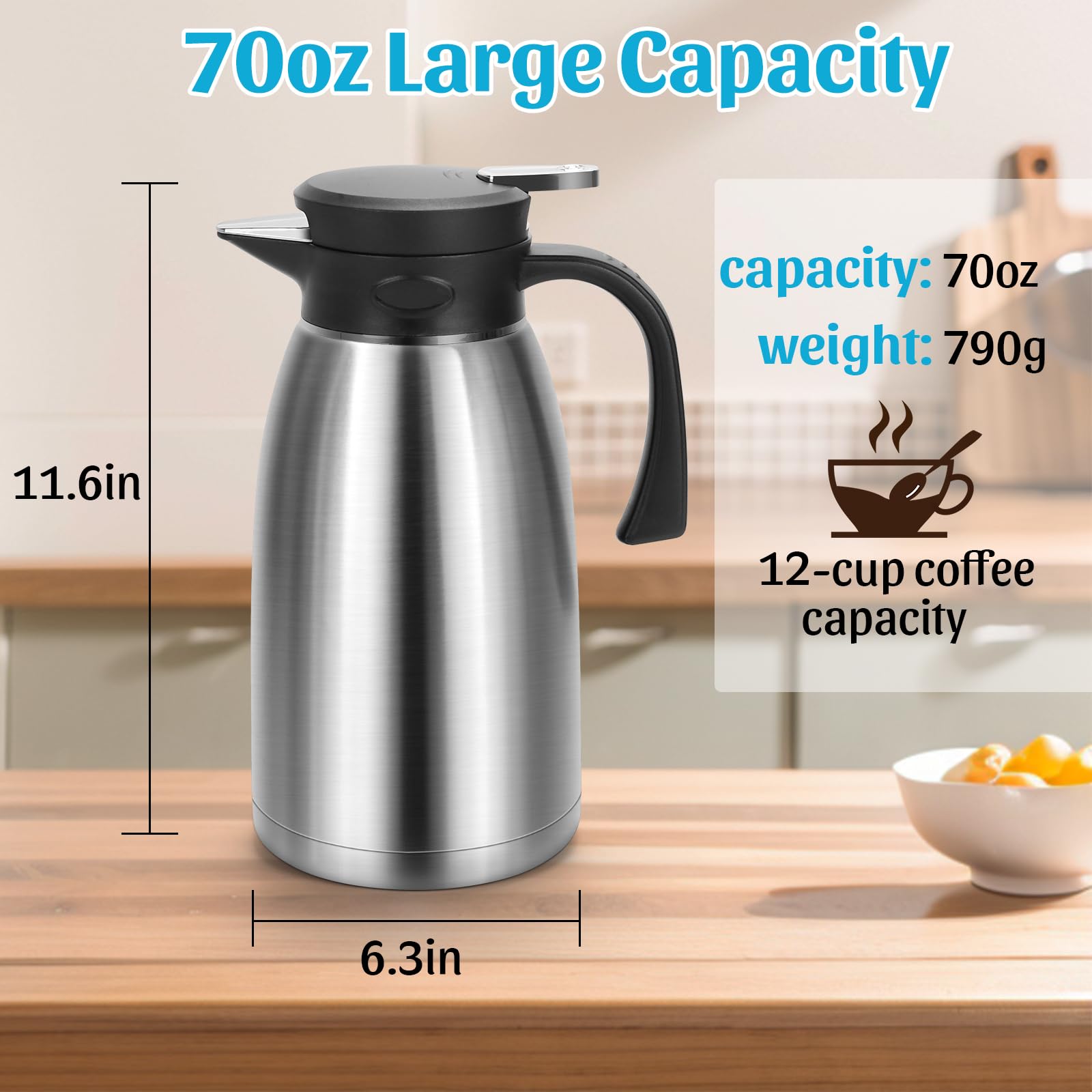 Jarra térmica de café de 70 onzas, termo al vacío de doble pared para bebidas calientes, jarra de acero inoxidable para líquidos calientes, termo de té grande para hogar, escuela, oficina, para el día
