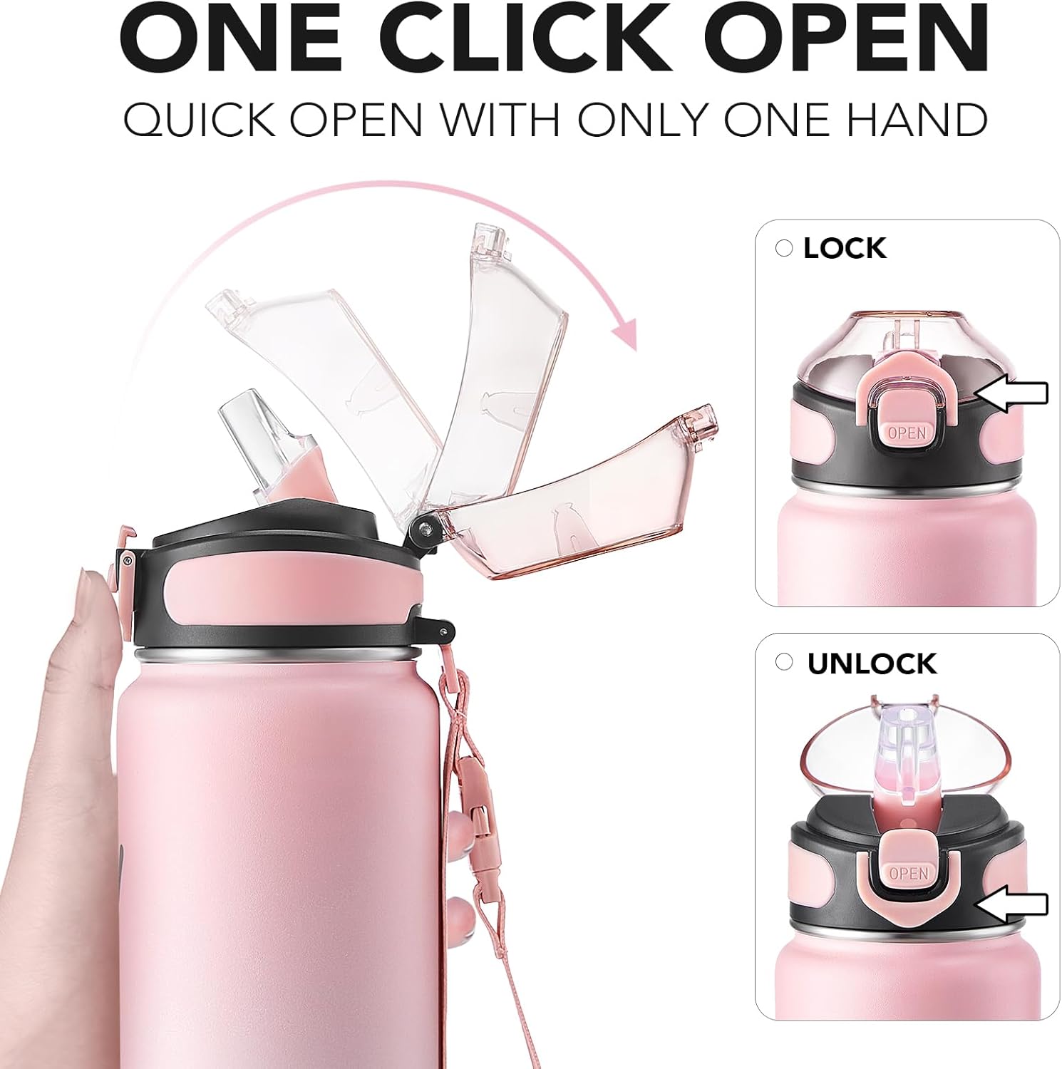 Enerbone 32 oz Insulated Water Bottle, Stainless Steel Bottle with Carrying Strap, Double-Wall Vacuum Insulation Design, Leakproof Sports Bottle with Straw, Keep Drinks Cold or Hot for Hours - Image 3