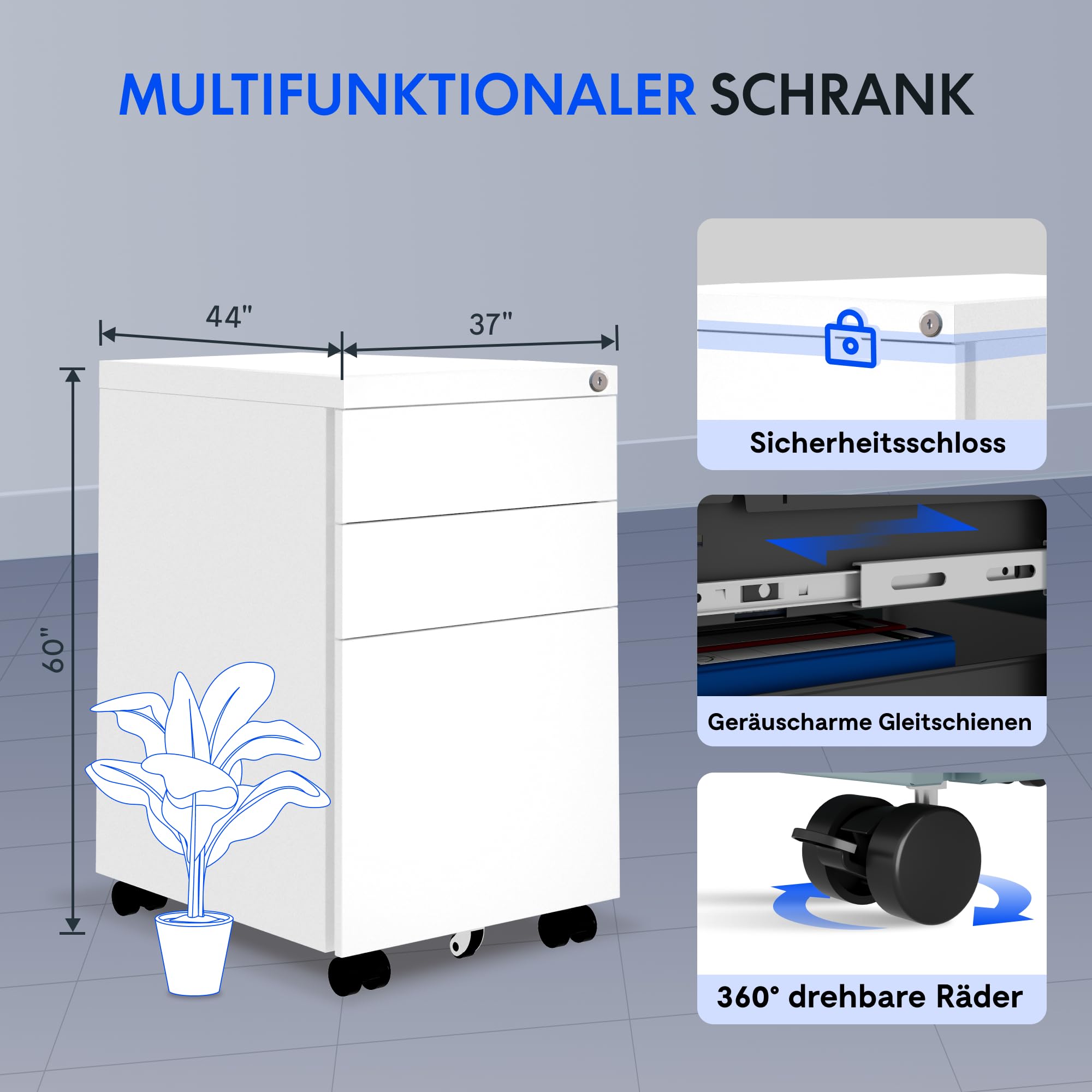 FlexiSpot Rollcontainer mit 3 Schubladen, mobiler Aktenschrank mit Rollen, Schubladenschrank Büroschrank Schreibtisch Unterschrank mit Schlüsselschloss und Anti Kipp für Büro Zuhause, Weiß