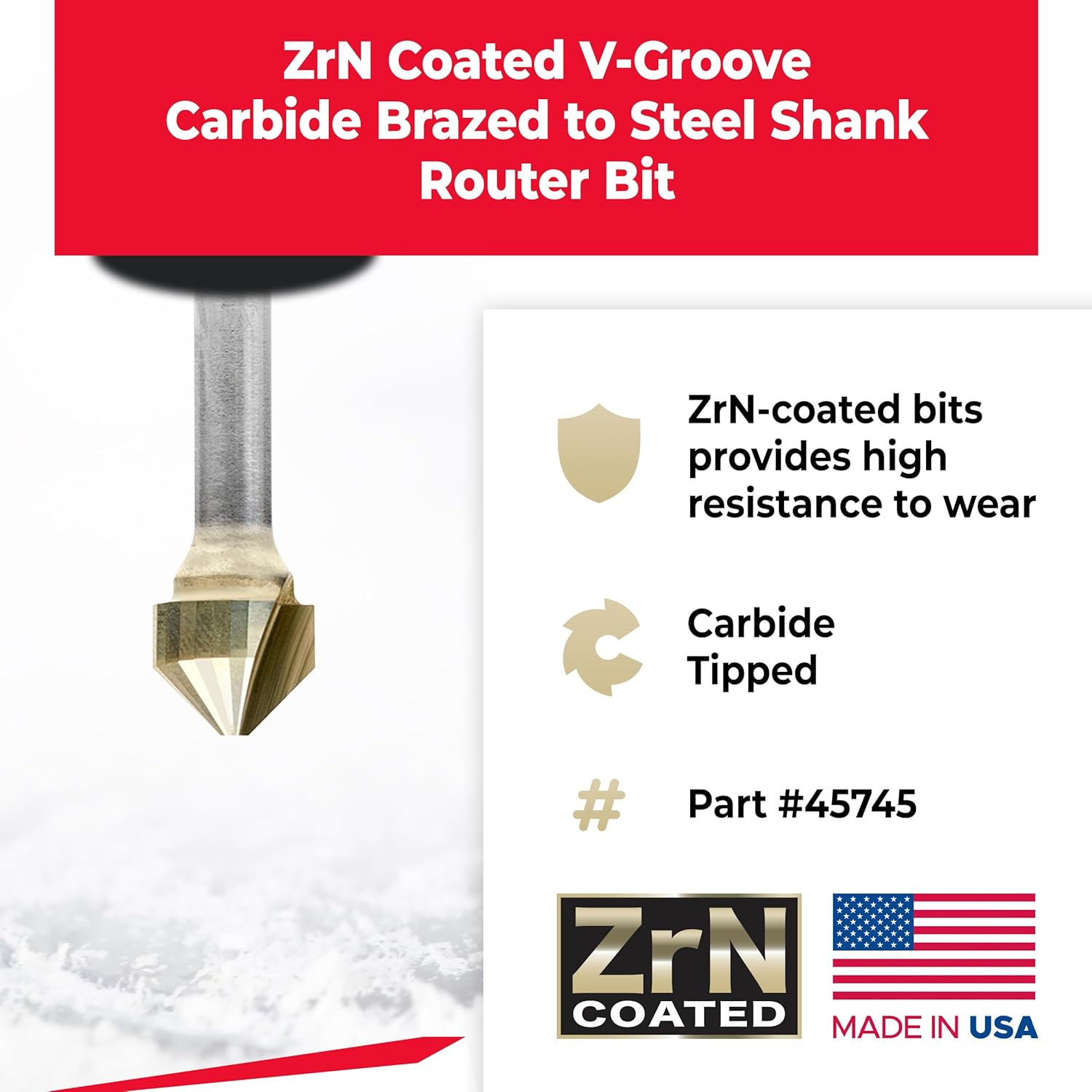Amana Tool Carbide V-Groove Router Bit for Composite Materials, ZrN Coated, 45745, 90 Degree, 0.090 Inch Tip Width x 13/64 x 1/2 Dia x 1/4 Inch Shank