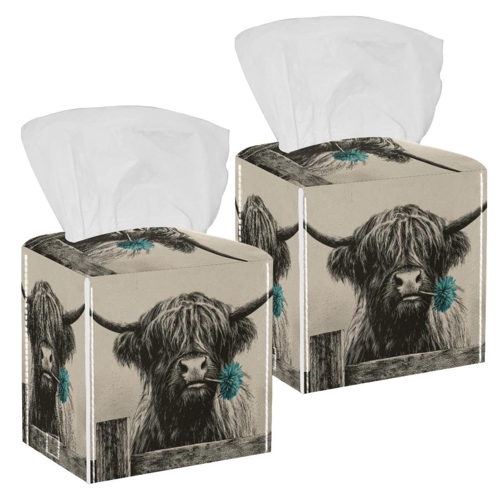 Highland Cow Tissue Box Cover, 2 Pack PU Leather Square Facial Tissue Dispenser Box holder for Home Office Car