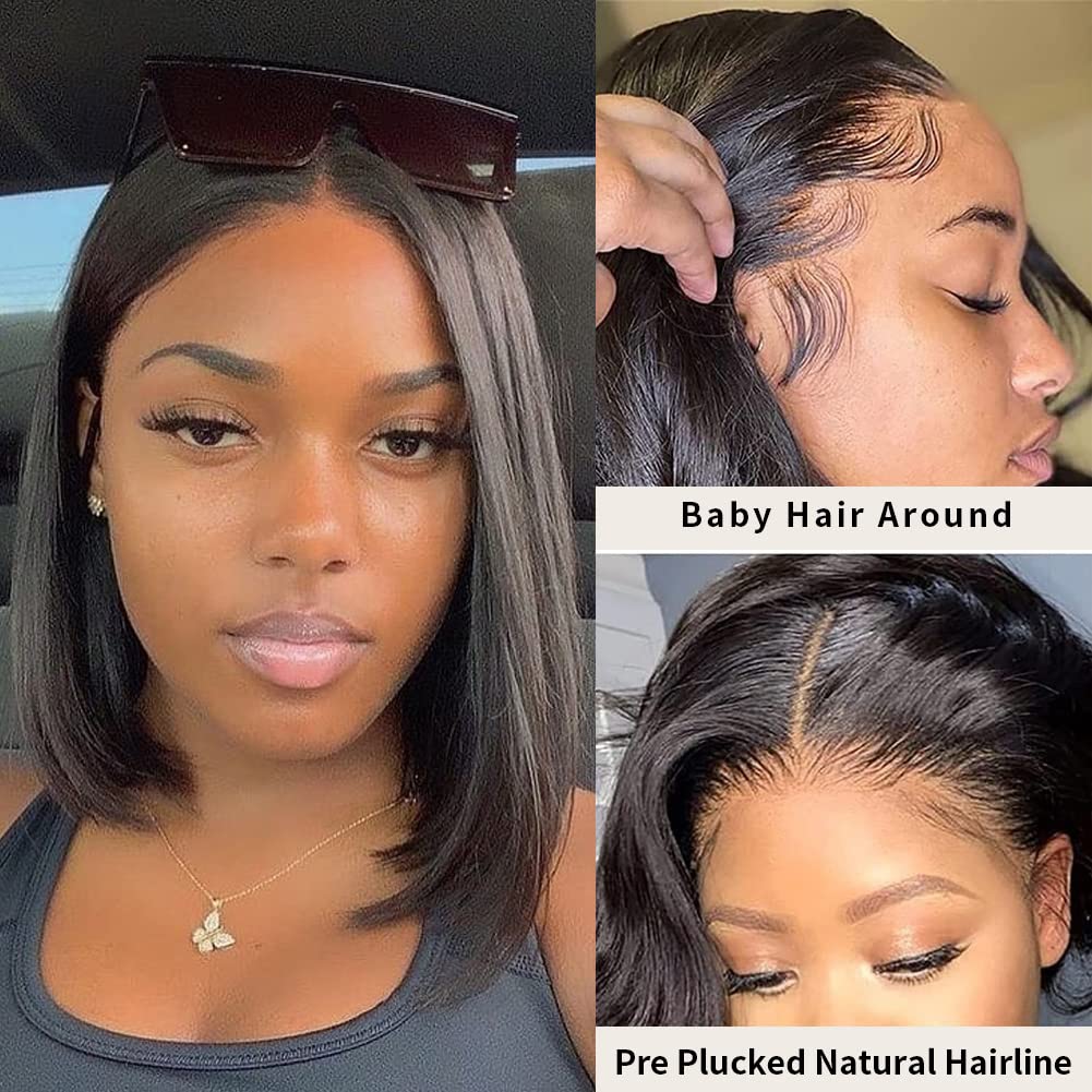 Spotlight 13x4 Bob Lace Front Wigs Straight Human Hair Wigs for Black Women 180% Density Brazilian Virgin Lace Closure Wig Pre Plucked With Baby Hair Natural Hairline 12 Inch（3D Lace）