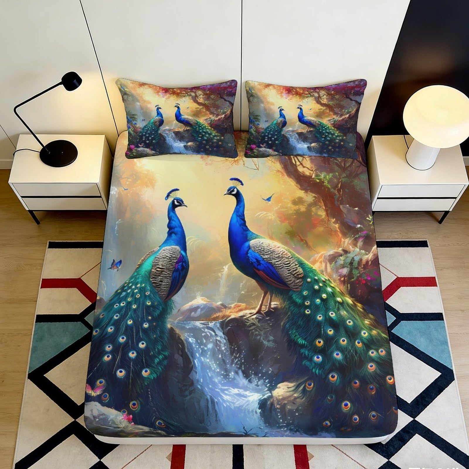 3D Printed Peacock Forest Fitted Sheet Microfiber Soft Anti-Slip Artistic Waterfall Mattress Cover Bedroom Decor 90x200x25cm