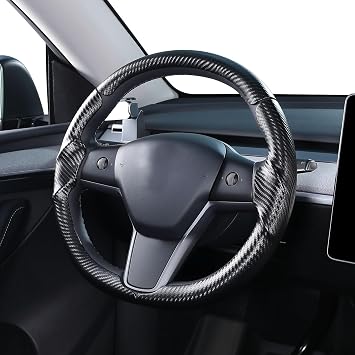Steering Wheel Cover for Tesla Model 3/Y 2016-2025, Carbon Fiber Steering Wheel Cover Anti-Slip, Comfortable Grip, Breathable, Model 3 & 2024 Model Y Steering Wheel Protector-Black