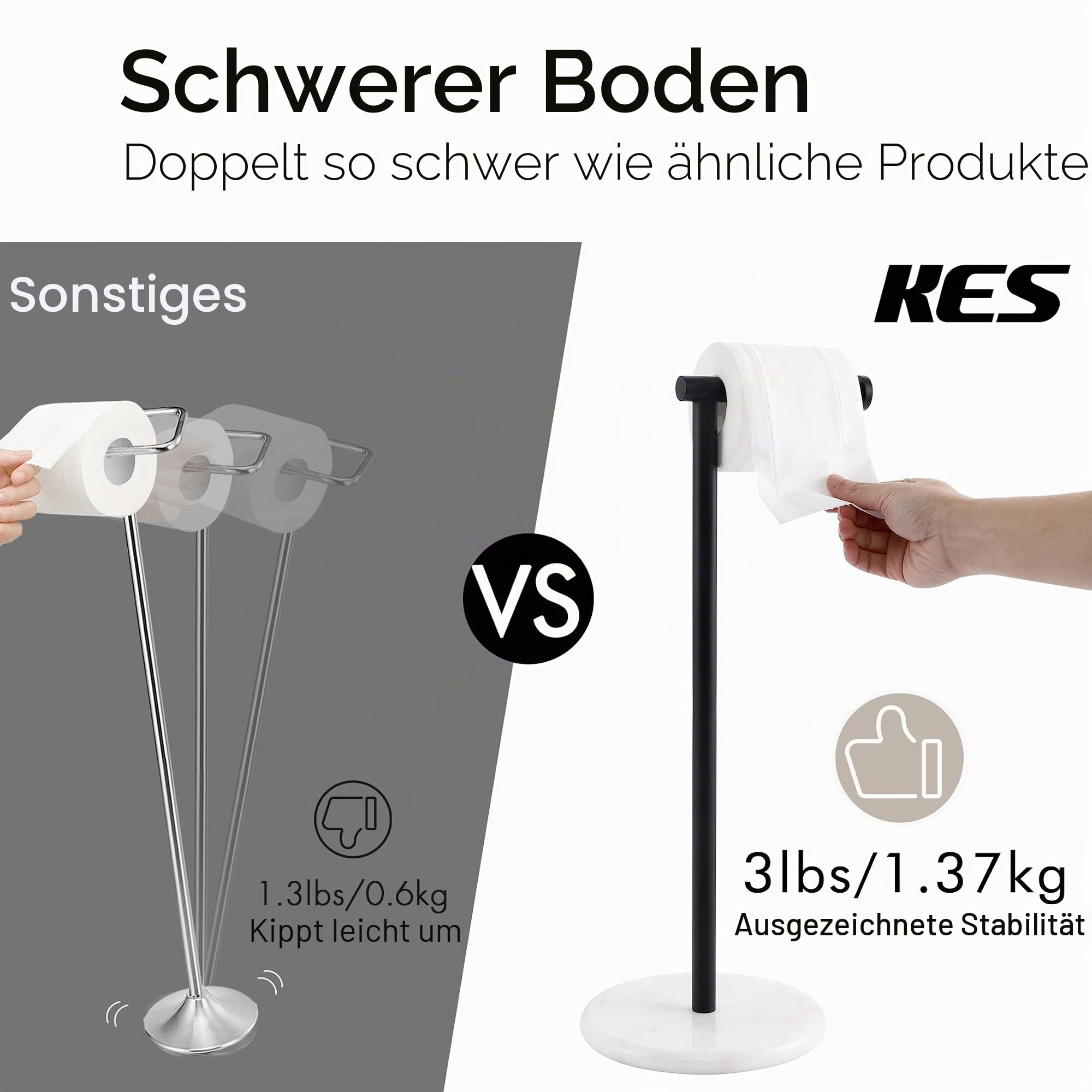 KES Toilettenpapierhalter Stehend Klopapierhalter Freistehend Marmor Basis | Schwarz Matt WC Rollenhalter Klorollenhalter Für Badezimmer, Edelstahl SUS304, BPH284S1-BK