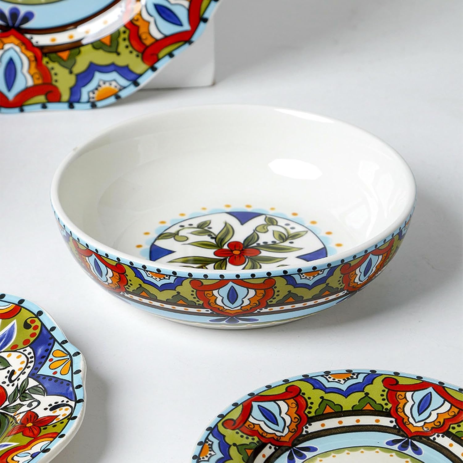 Vintage Rice Bowls ，Ceramic Tableware Rice BowlBohemian style household retro underglaze simple and delicate ceramic rice bowl(8-inch deep dish)