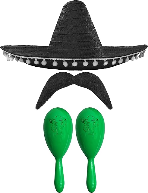 MEXICAN FANCY DRESS ACCESSORY SET - MEXICAN SOMBRERO WITH MARACAS AND TASH BLACK POM POM SOMBRERO + 2X GREEN MARACAS