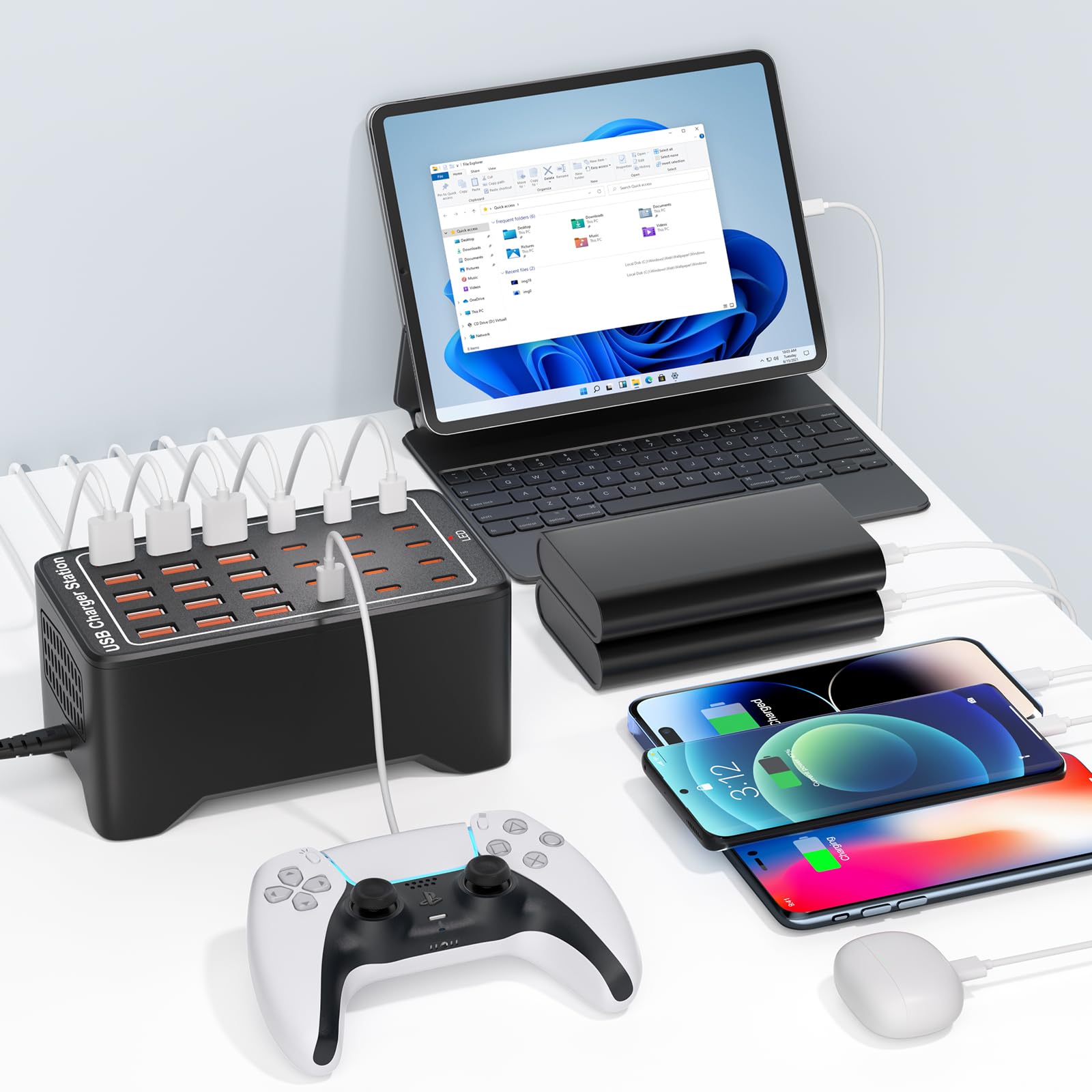 Bloque de carga USB ~ C, 150 W (30 A) 30 puertos (15 puertos USB A y 15 puertos USB~C) estación de carga USB, cargador de pared USB de escritorio compatible con iPhone, iPad, tabletas, teléfonos