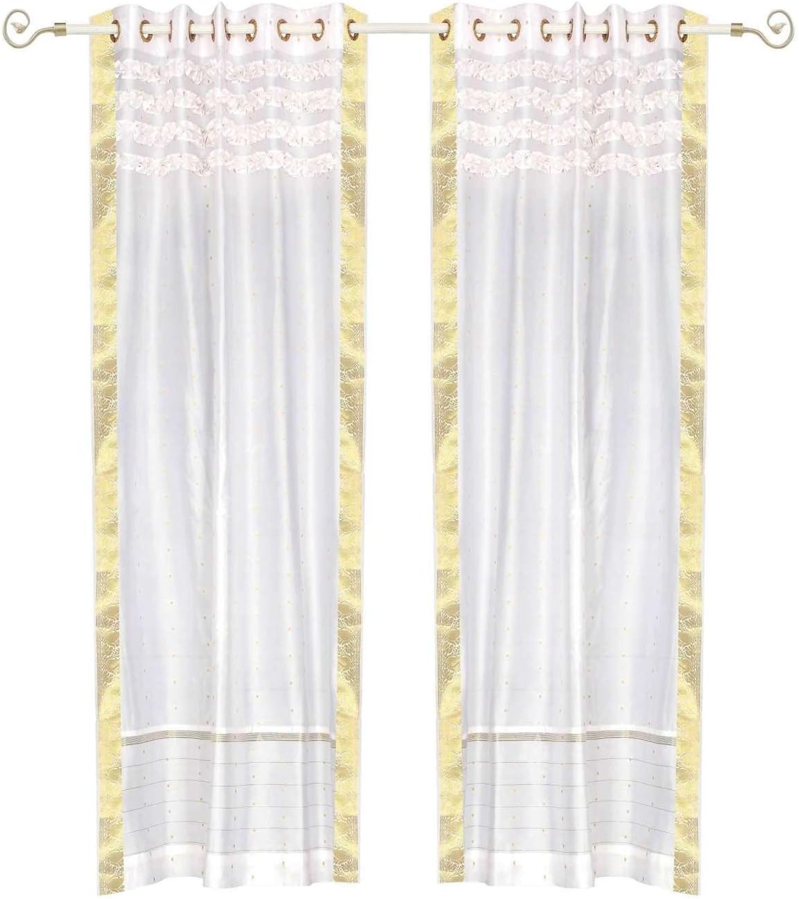 Indian Selections Lined-White Hand Crafted Grommet Sheer Sari Curtain Drape Panel -43Wx96L-Piece