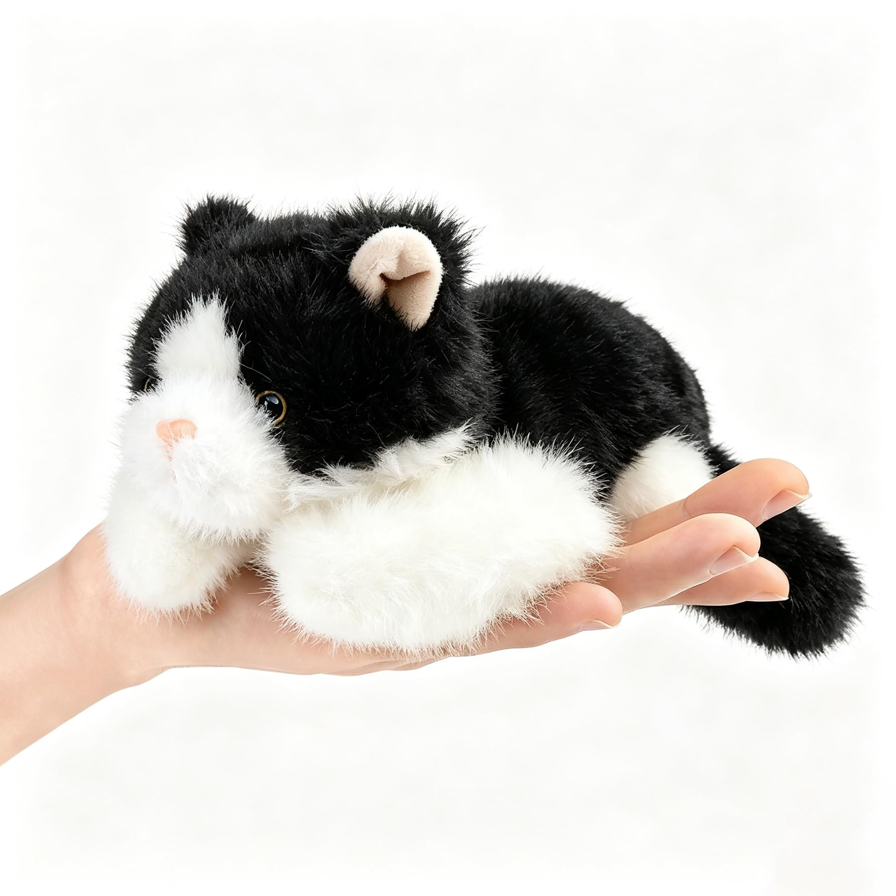 Palm Pal Lying Cat Plush Toy with Beads Ultra Soft Stuffed Animal Cute Kitten Plushie Cuddly Adorable Calming Companion Doll for Kids Toddlers Girls Boys Sleeping Pillow Gift Black White