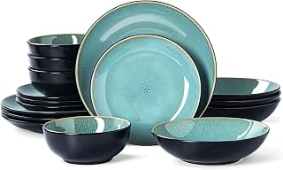 Plates and Bowls Sets for 4 - CJDC-QUELO 16-Piece Stoneware Dinnerware Sets, Ceramic Dishware Set for Kitchen Use and Formal Dining, Chip and Scratch Resistant Microwave Dishwasher Safe, Green