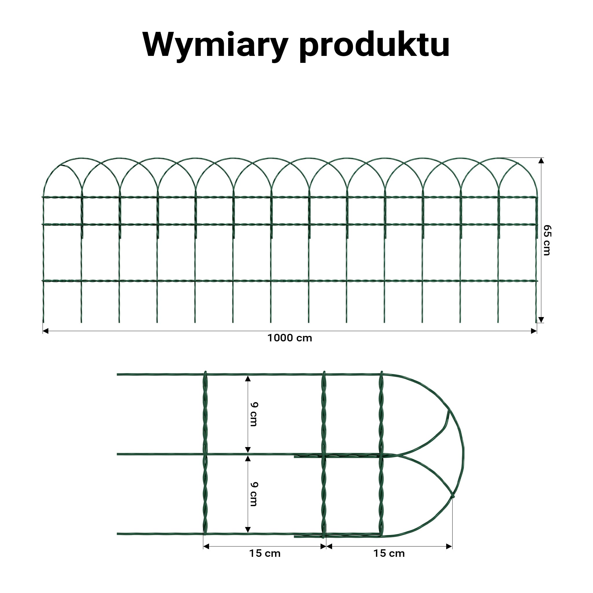 Wiltec Palisada ogrodowa o wysokości 0,65 m i długości 10 m, zielona siatka ogrodzeniowa stal z powłoką PCV, niski płotek rabatowy