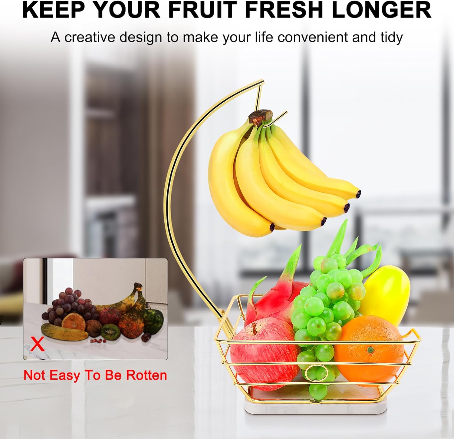 Livabber Countertop Fruit Basket Bowl with Banana Hanger, Modern Standing Fruit Vegetable Bowl Storage, with Banana Tree Holder for Kitchen Dinning Table (Square Marble, Gold)