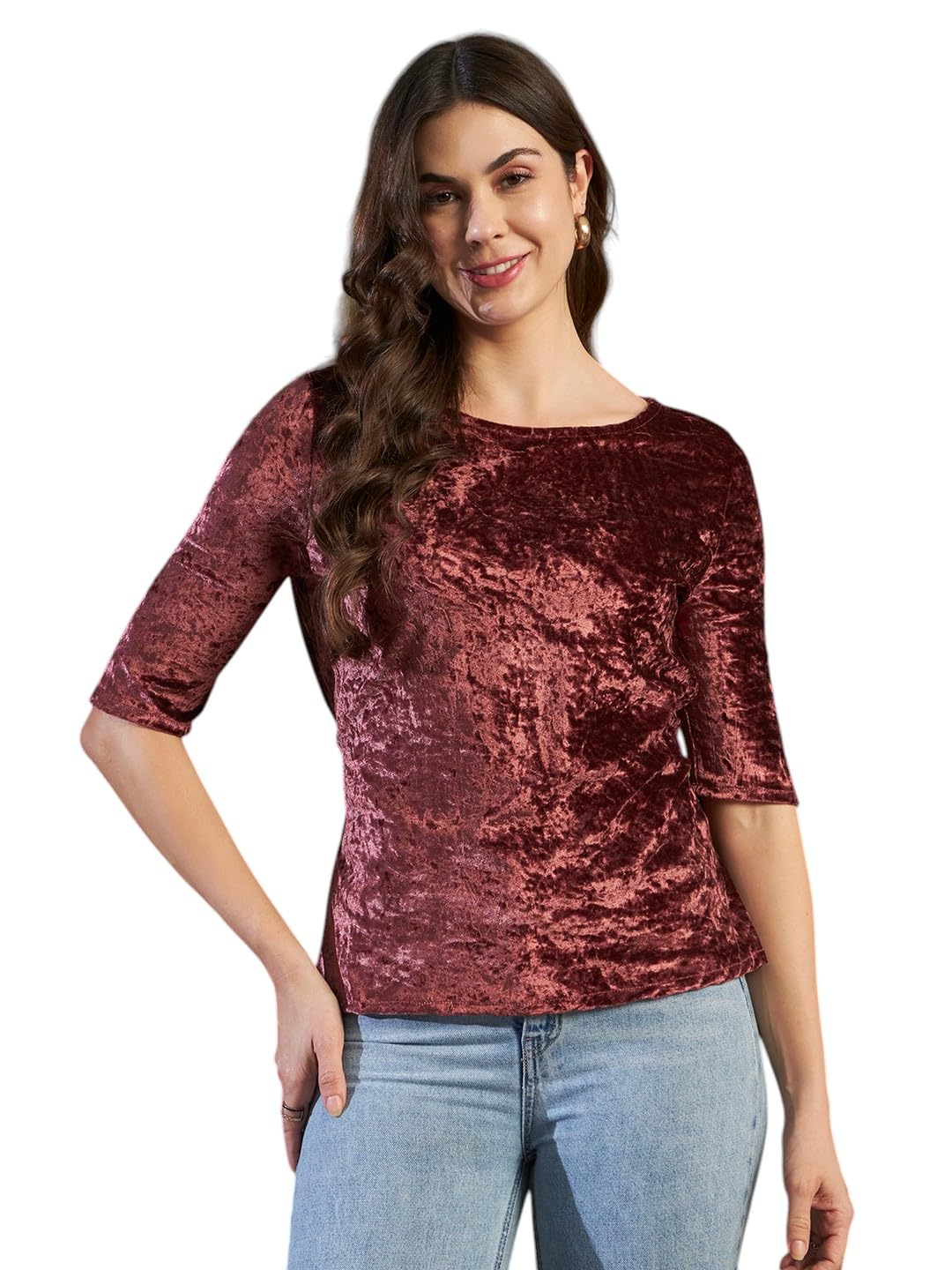 vaararo Crushed Velvet Top for Women with Back Knot Tie | Boat Neck 3/4 Sleeve Regular Fit Adjustable Party Outfit | Soft Stretch Going Out Clubwear Evening Western Fashion Casual-picture-24