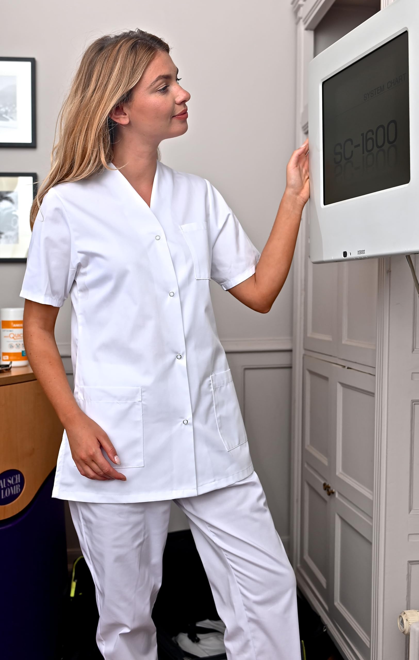 SNV Tunique médicale femme manche courte col V blouse médicale professionnelle fermeture par boutons pressions uniforme médicale femme
