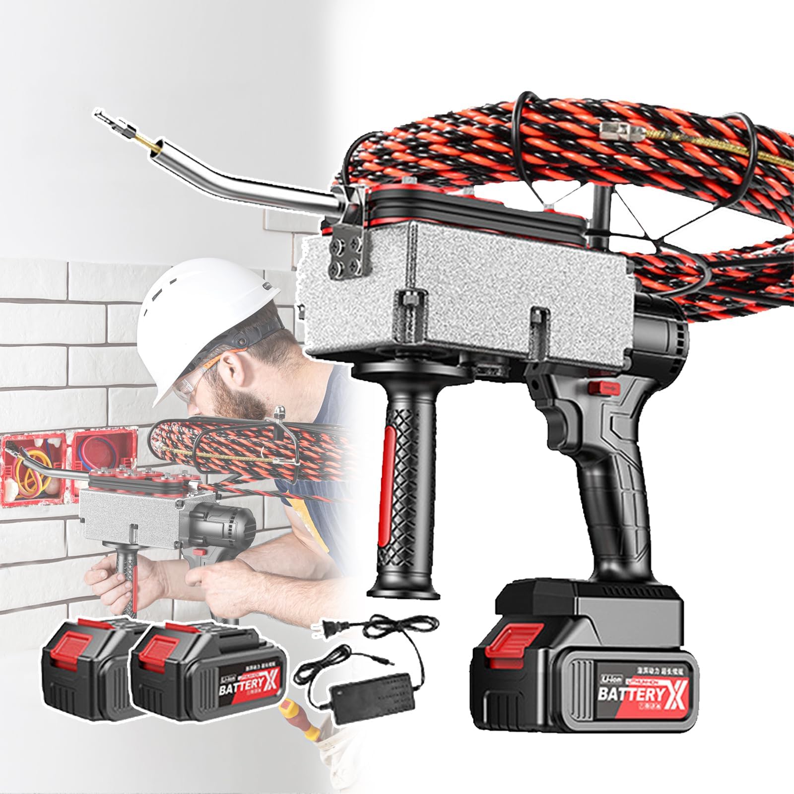 Pipe Threader Puller Through Wall,Automatic Electrician Wire Threading Machine,Wire Threader Wall Wiring Machine,40m/Min Cordless Electric Threading Machine With Lithium Battery