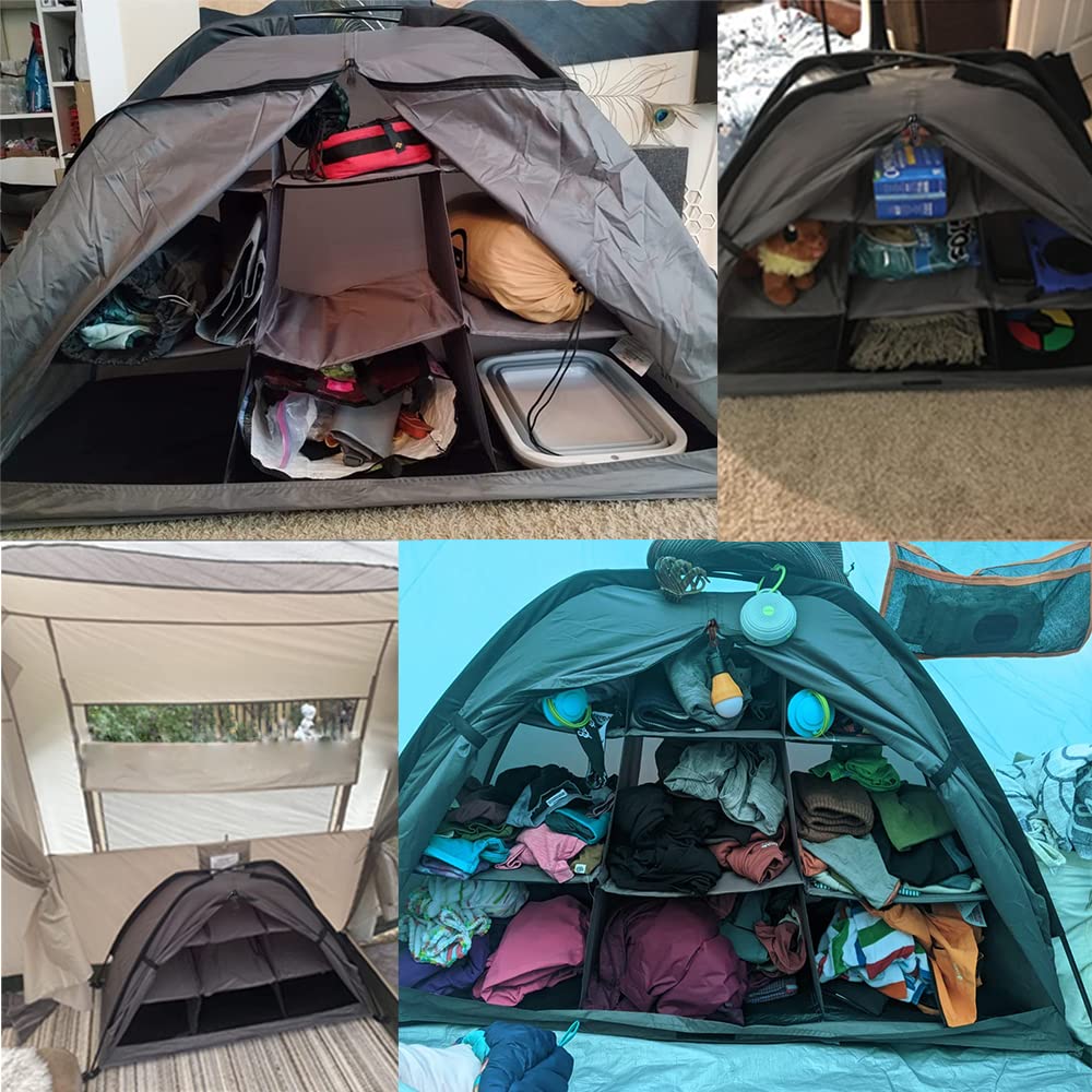 ZAMETTER Organisateur De Rangement Camping 9 Étagères Pliable – Tissu Respirant Gris, Charge Max 13,6 Kg/étagère