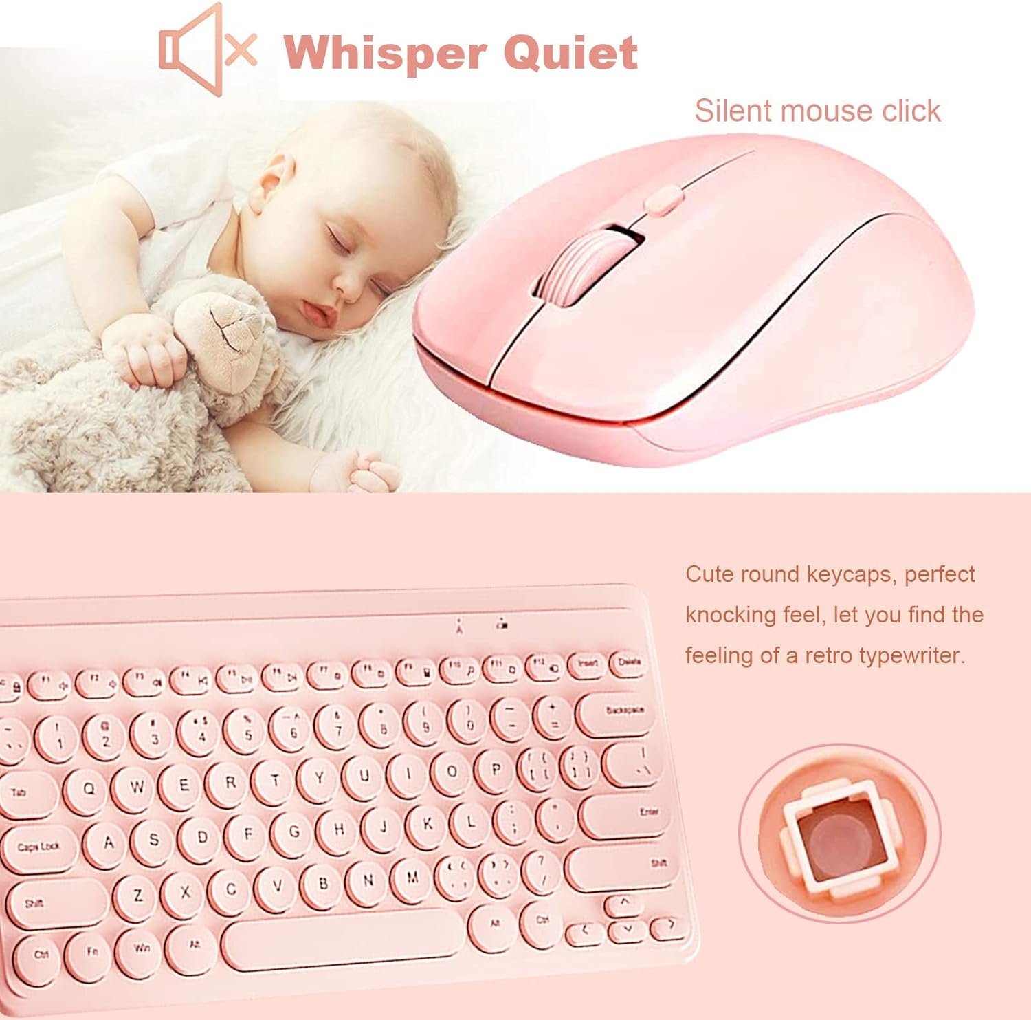 Compact Keyboard MouseCombo,JieruiDeng 79-Key Retro Mini Cute Computer Keyboard 2.4G USB Wireless and Silent Mice Set for Laptop Desktop PC iPad (Pink)