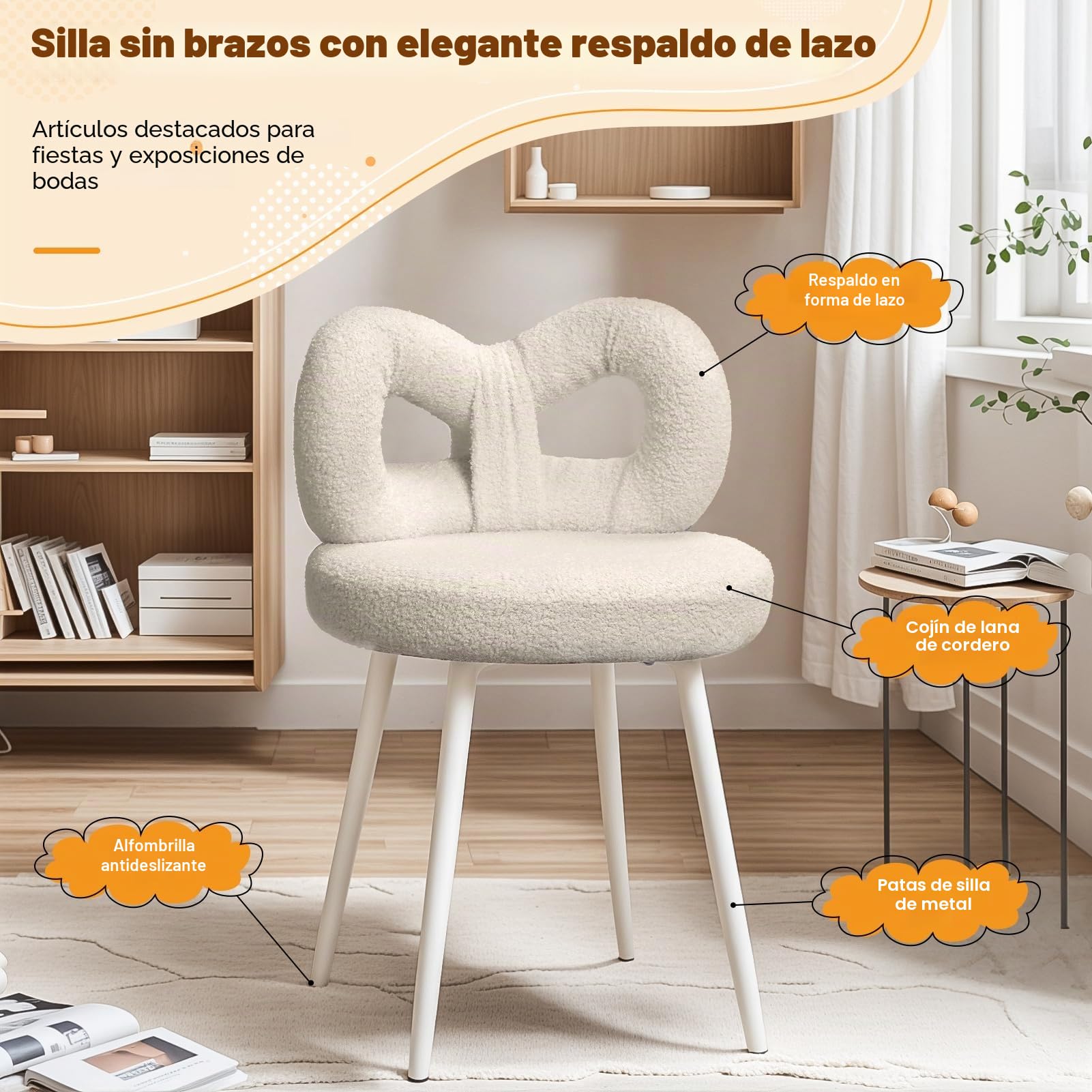 Taburete de tocador con respaldo de lazo, silla de escritorio para sala de estar, silla de maquillaje con almohadillas ajustables, sin brazos