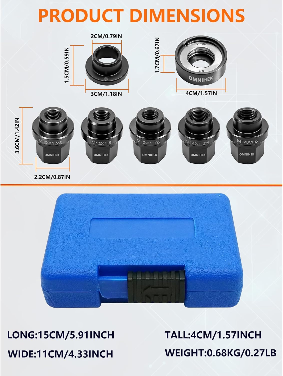 22800 7PCS Universal Wheel Stud Installer Tool Set, M12x1.25/1.5/1.75, M14x1.5, 7/16" & 1/2" UNF, Hub Bolt Installer with Bearing Nut, Heavy Duty Auto Repair Kit for Cars & Light Trucks, With tool box