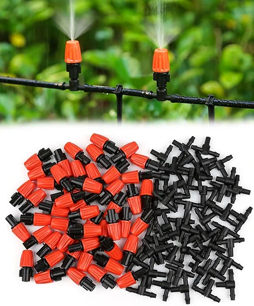 La Farah 50pcs Garden Irrigation Spray Emitter, Adjustable 360 Degree Flow Micro Spray Nozzle with 1/4" Barbed Tee Fittings,Drip Irrigation Head for Garden Watering System,Drip Irrigation Kit Parts