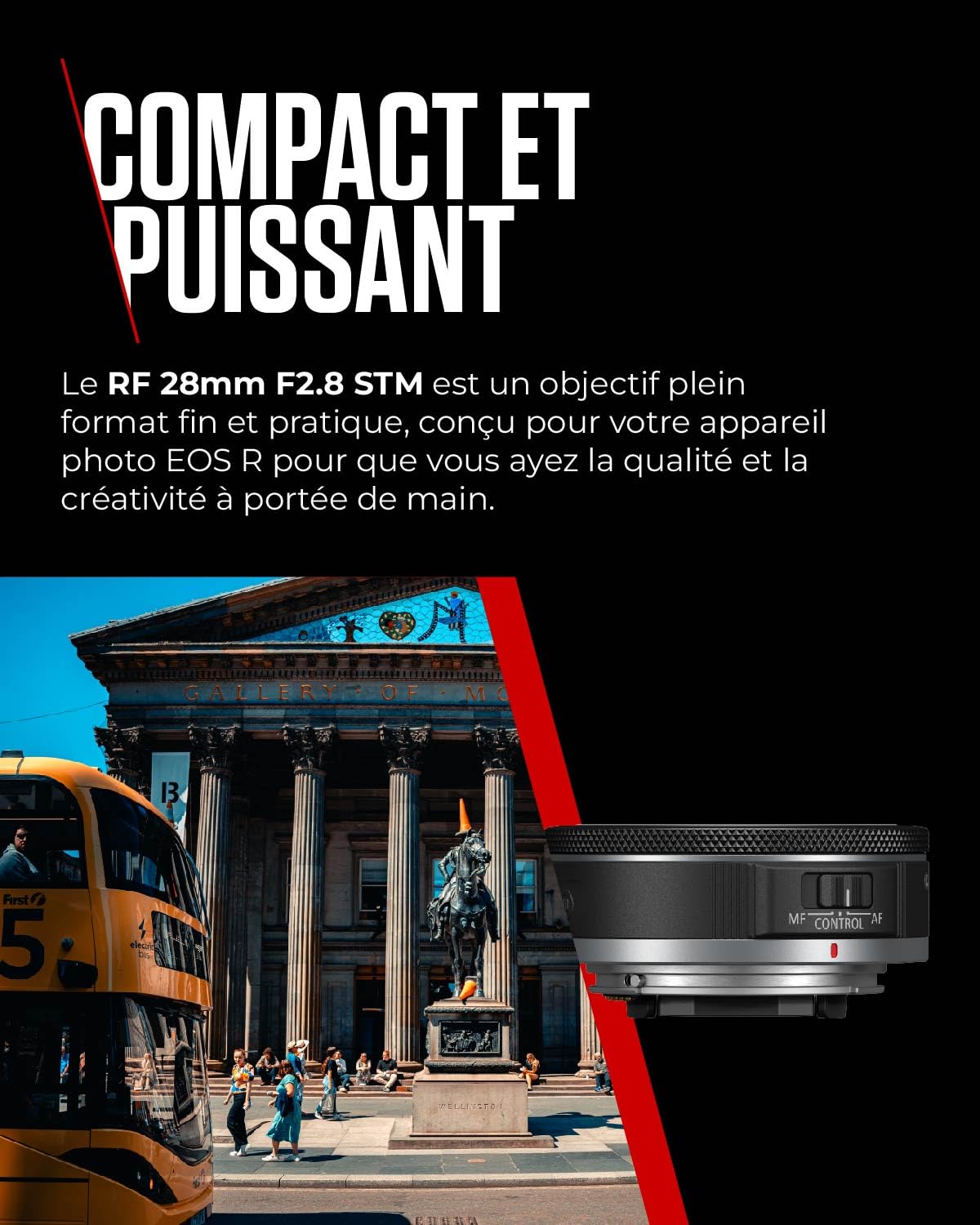 Objectif Canon RF 28 mm F2.8 STM, distance focale large, plein format, design "pancake", photographie paysage/voyage/rue, compatible Canon EOS R