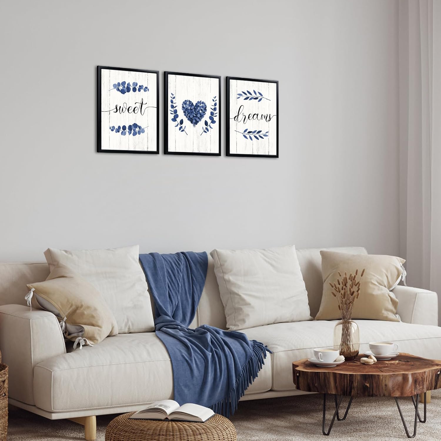 LoveHouse Framed Sweet Dreams Signs Wall Art Quotes Canvas Prints Modern Minimalist Heart Leaves Pictures Painting Farmhouse Wall Decor 3pcs 12"x16" (Blue)