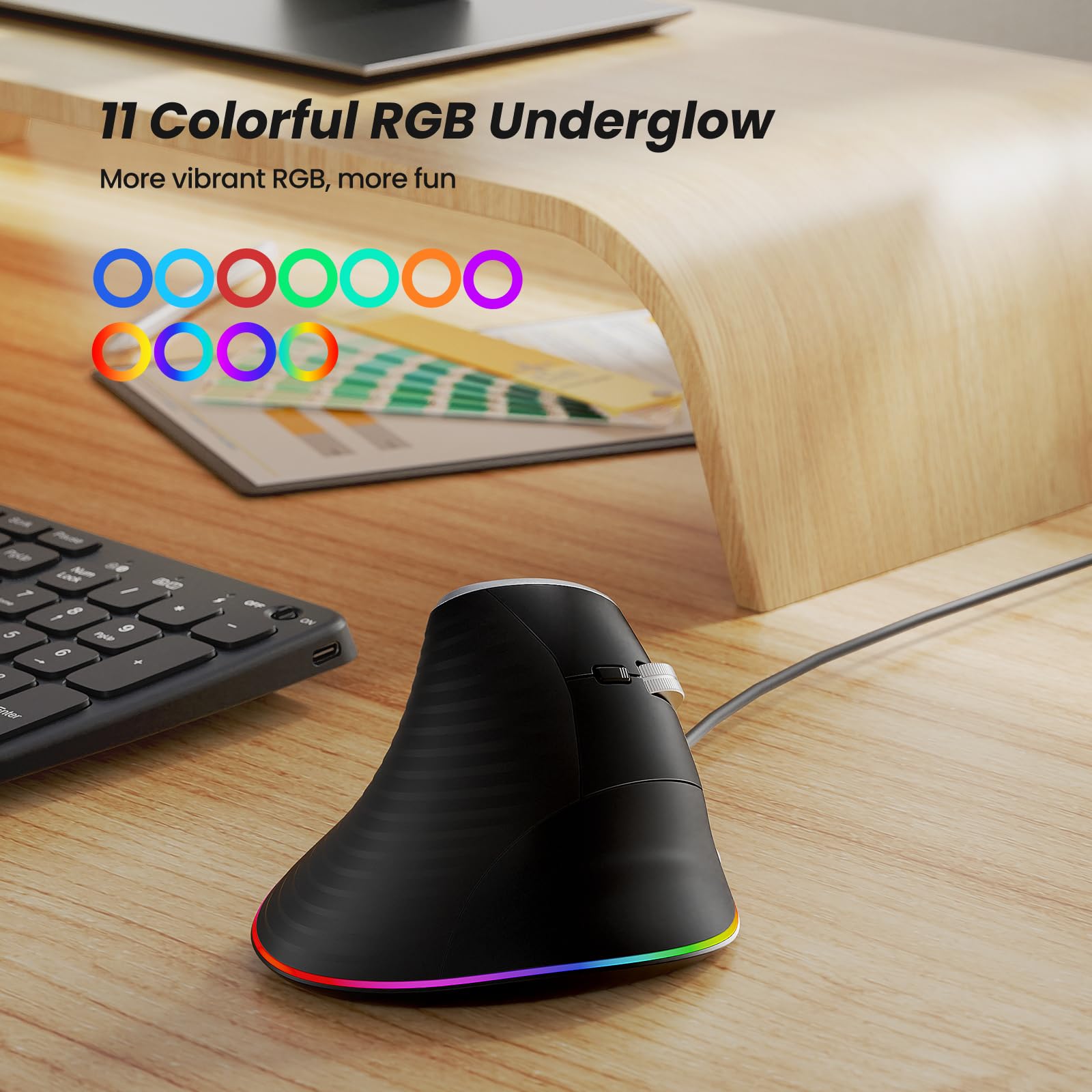 Nulea Mouse verticale cablato M504, mouse ottico ergonomico USB cablato con 4 DPI regolabili, 11 modalità di retroilluminazione RGB, compatibile per laptop, PC, desktop, Mac, nero