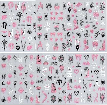 Halloween Nail Art Stickers 3D Pink Black Glitter Halloween Nail Decals 6PCS Bow Heart Spider Web Skeleton Spider 3D Self-Adhesive Nail Stickers Skull Pumpkin Scar Manicure Sliders for Nail Art Design