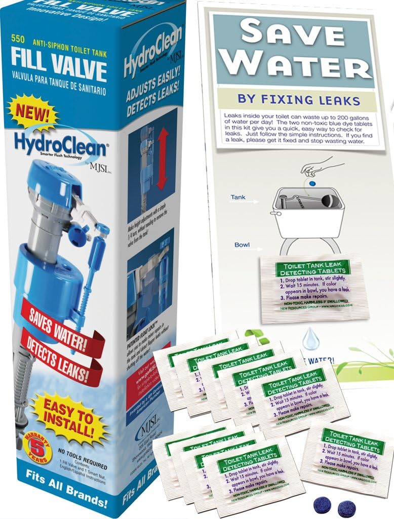 Hydroclean Premium Toilet Fill Valve Kit with 20 Leak Detecting Tablets