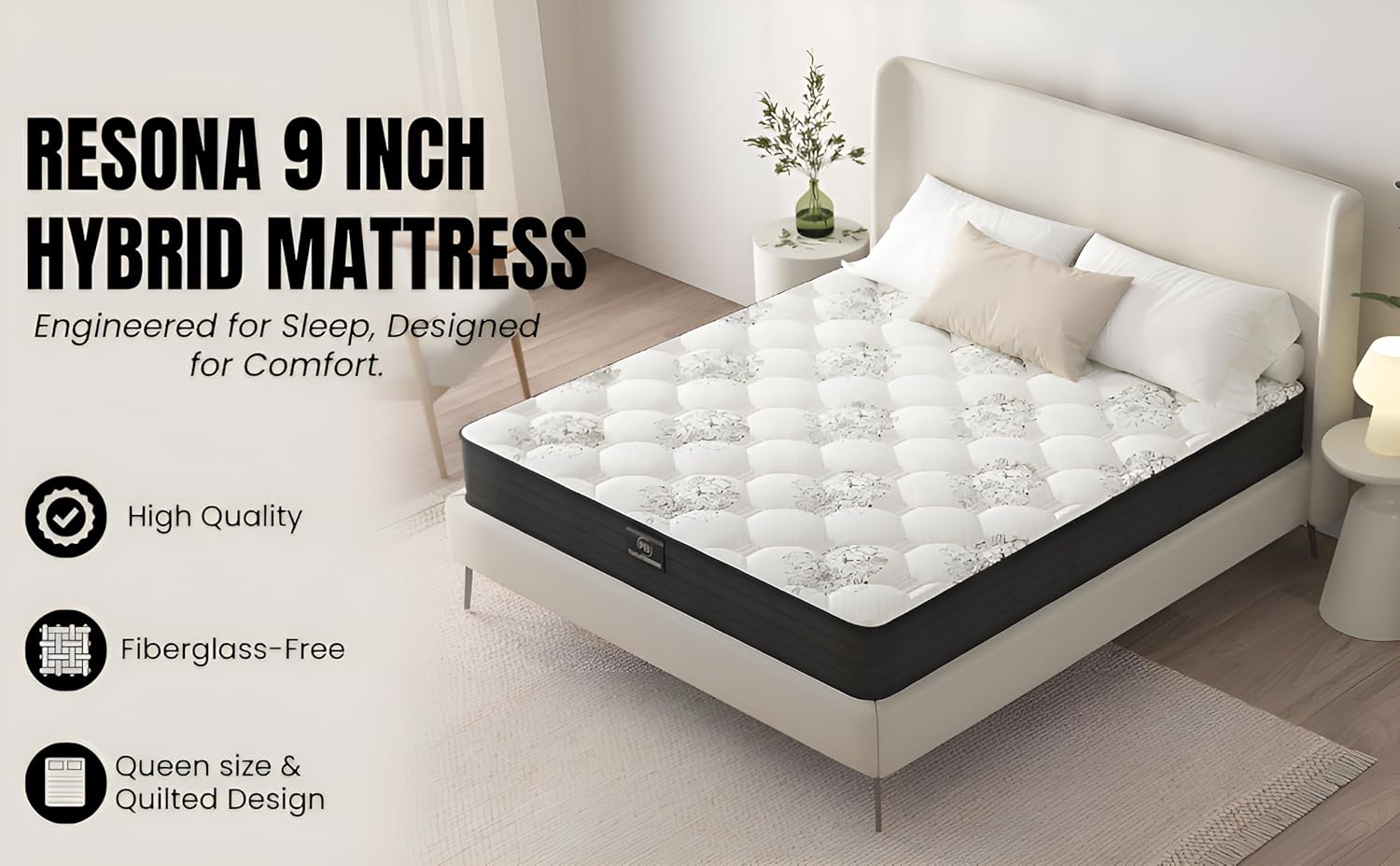 Resona 9 Inch Hybrid Mattress, Quilted Design with Pocketed Coils, Multi-Layer Foam, Fiberglass-Free, Certi-PUR Approved, Bed in a Box (King (U.S. Standard))