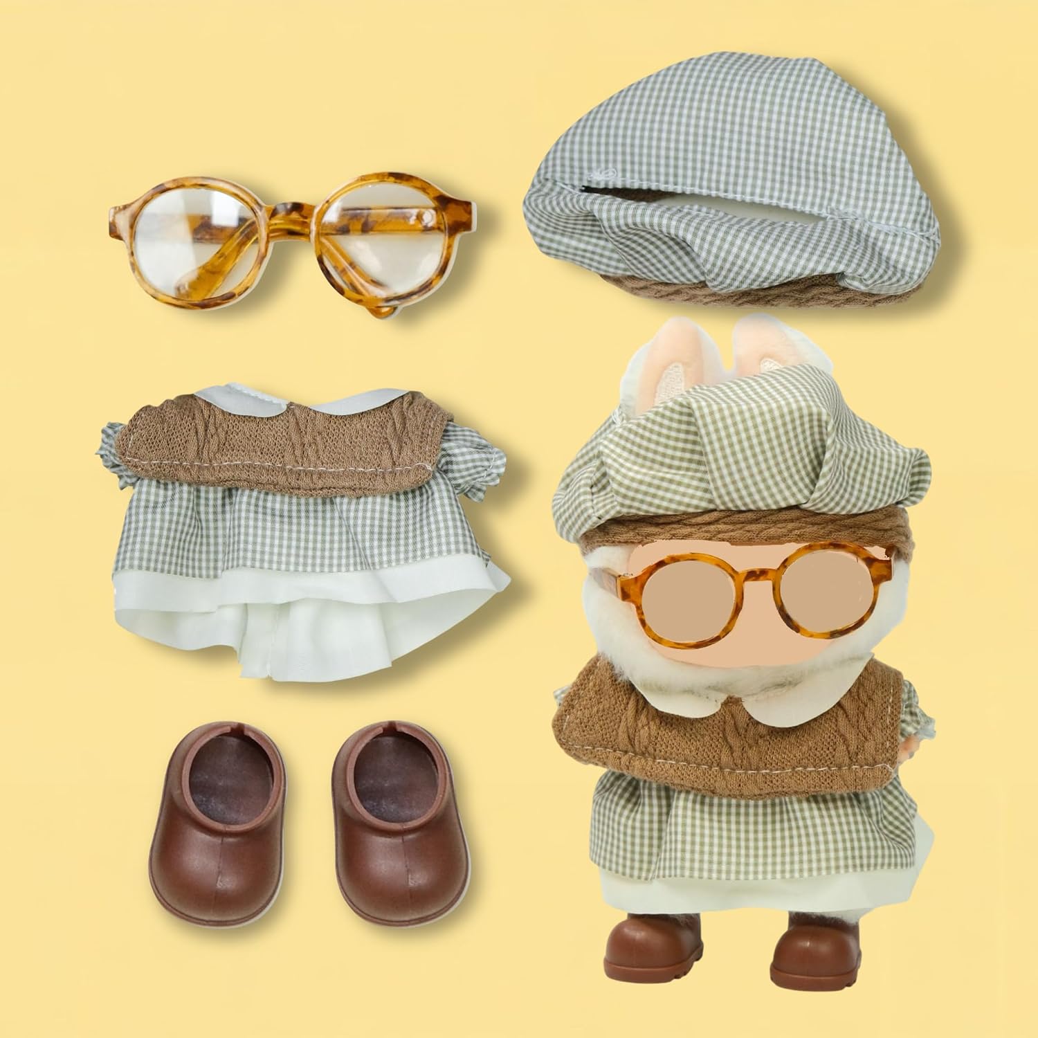 Clothes for 17cm Doll, 4 Pcs Set Doll's Outfits Luxury Clothes Hat Glasses Shoes and Accessories, Stylish Adorable Dolls Dress Clothes Accessories (No Doll) (Art Grey) image 3