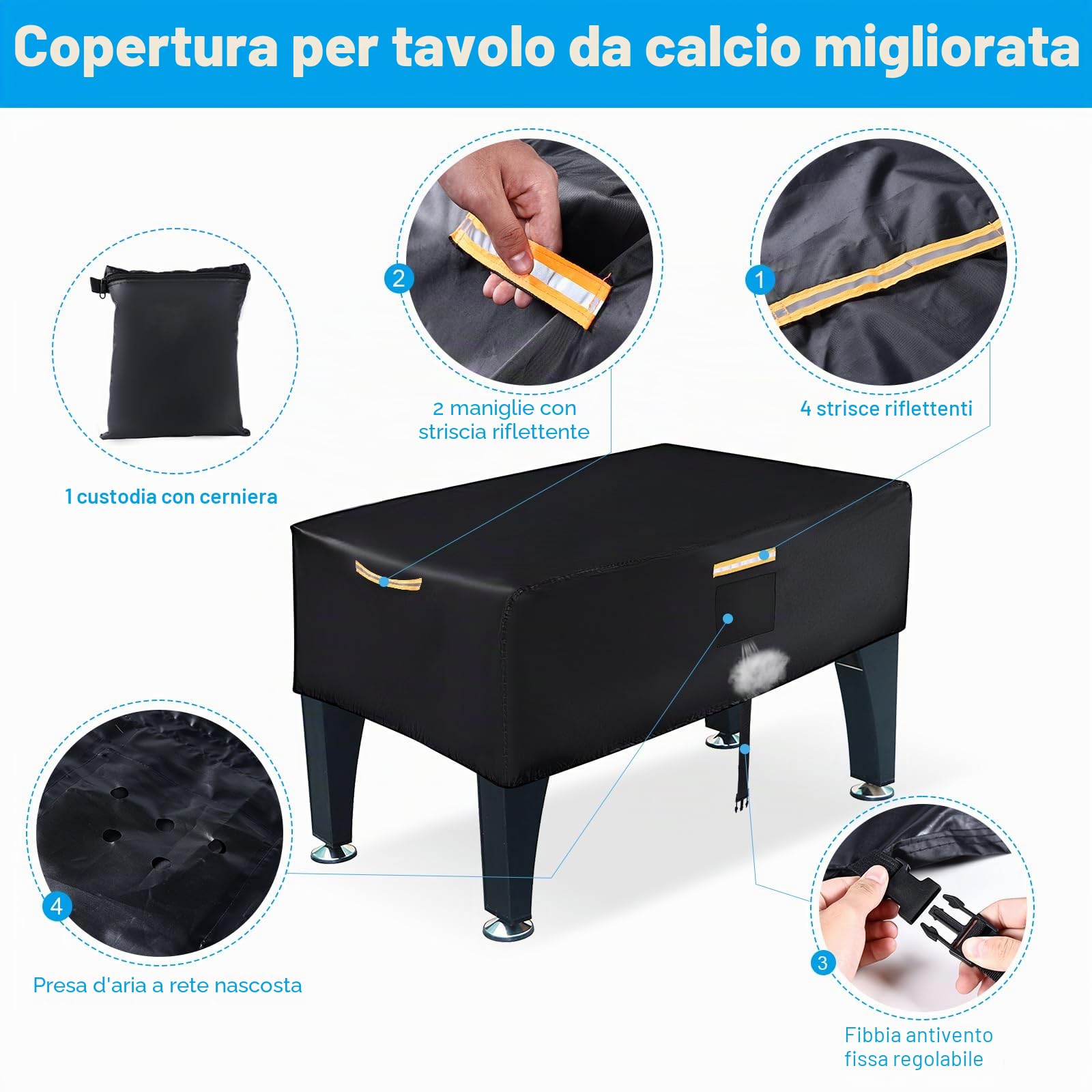 Copertura per tavolo da calcio 420D Oxford, impermeabile, copertura universale da calcio per esterni, con strisce impermeabili, aperture di ventilazione e 4 maniglie a strisce riflettenti